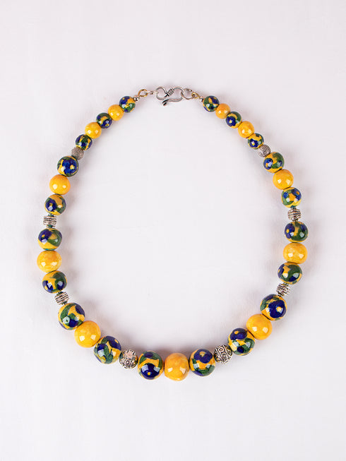 Blue Pottery Bead Choker Necklace ( Yellow )